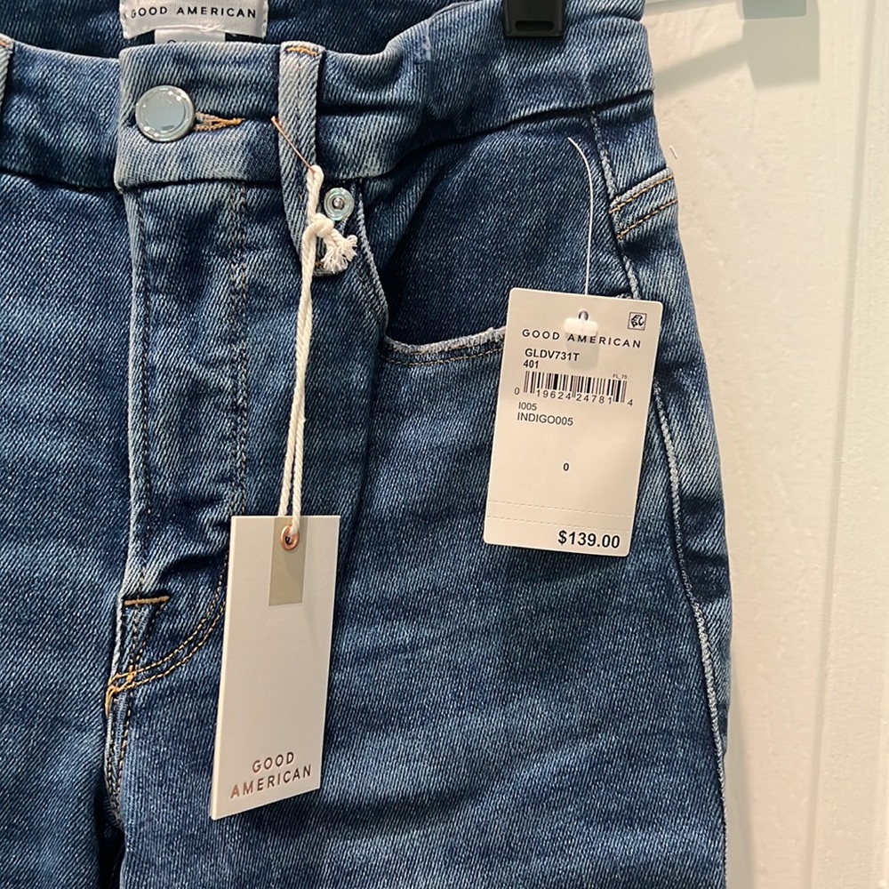 NEW GOOD AMERICAN GOOD LEGS STRAIGHT CROPPED DISTRESSED JEANS 27 (4) BLUE - Picture 8 of 11